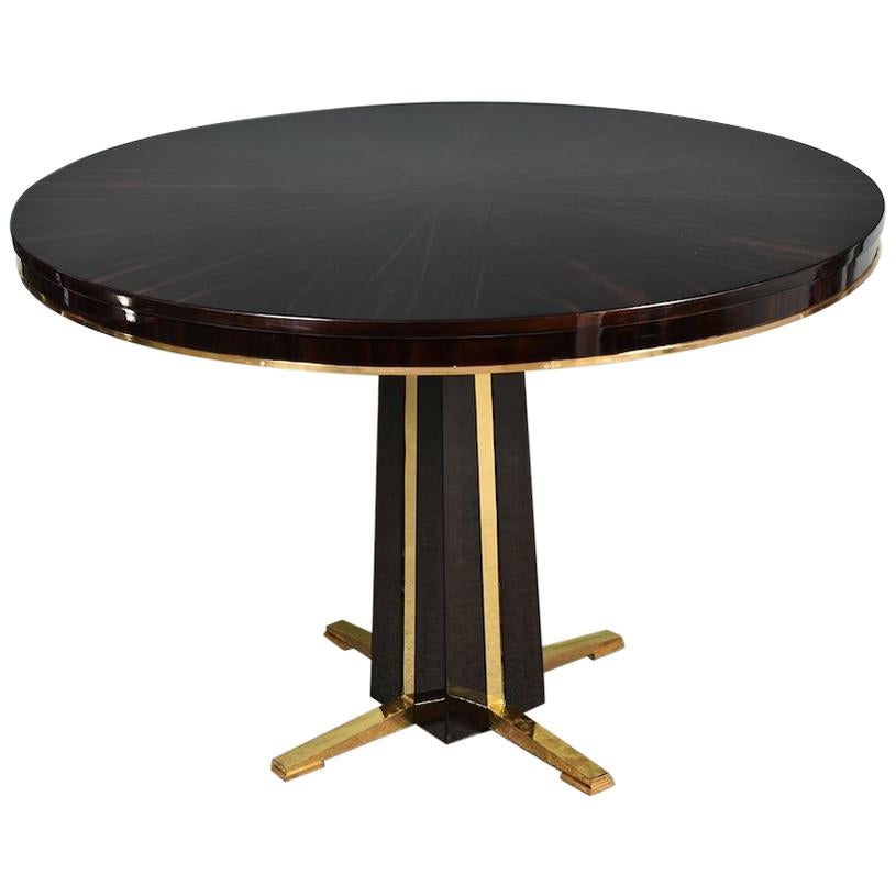Art Deco French Round Table in Macassar with Brass Base