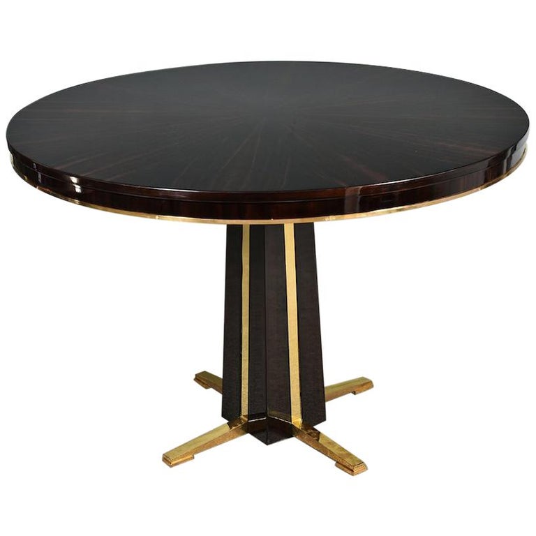 Art Deco French Round Table in Macassar with Brass Base For Sale at 1stdibs