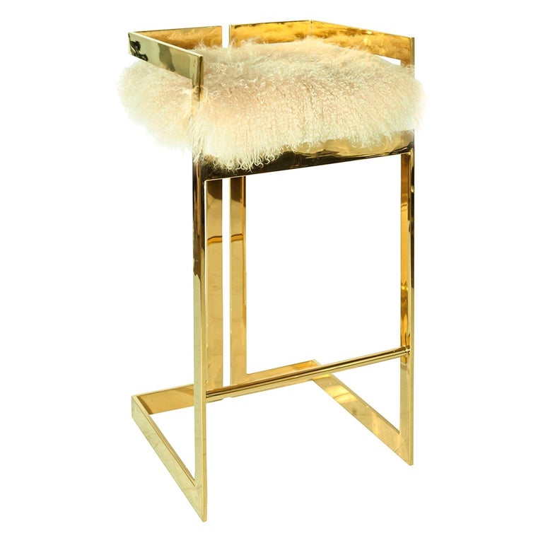 Geneva Luxury Bar Stool With Brass Base And Natural Mongolian Fur Geneva Luxury Bar Stool With Brass Base And Natural Mongolian Fur For