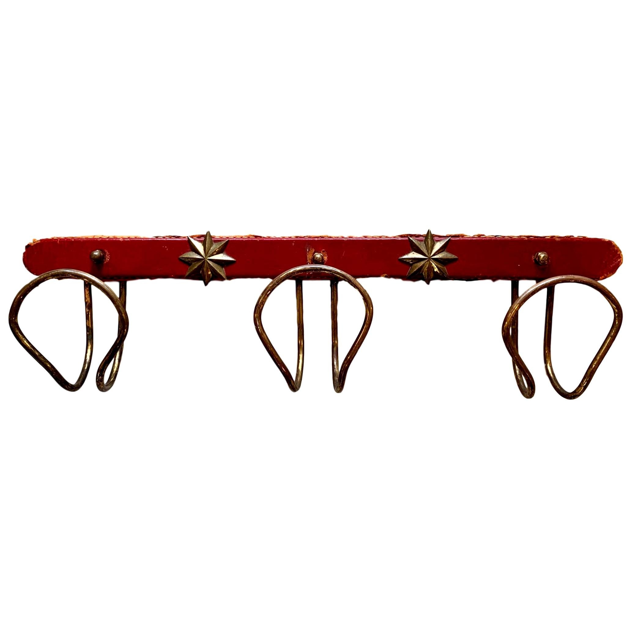 Jacques Adnet Red Leather and Brass Coat Rack