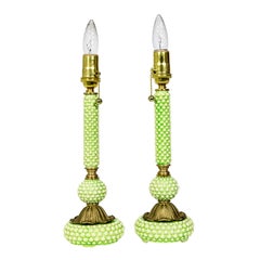 Vintage Midcentury Green Hobnail Ceramic and Brass Lamps 'Pair'