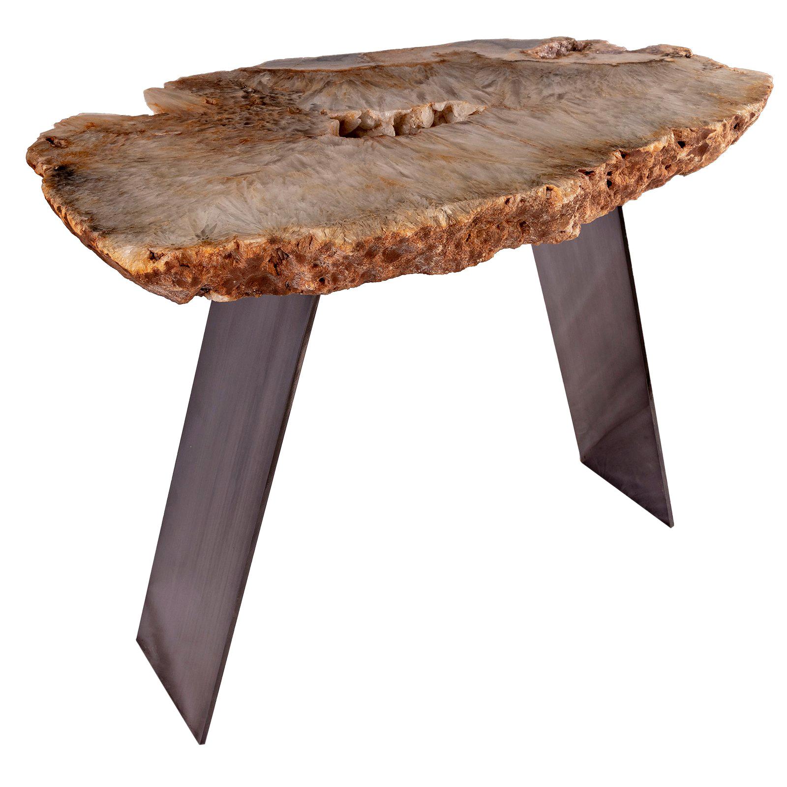 Table console, quartz brésilien avec base en métal