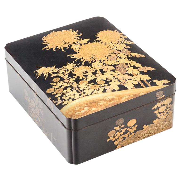 Japanese Black Lacquer Large Document Box with Gold Maki-E Design, Meiji Period