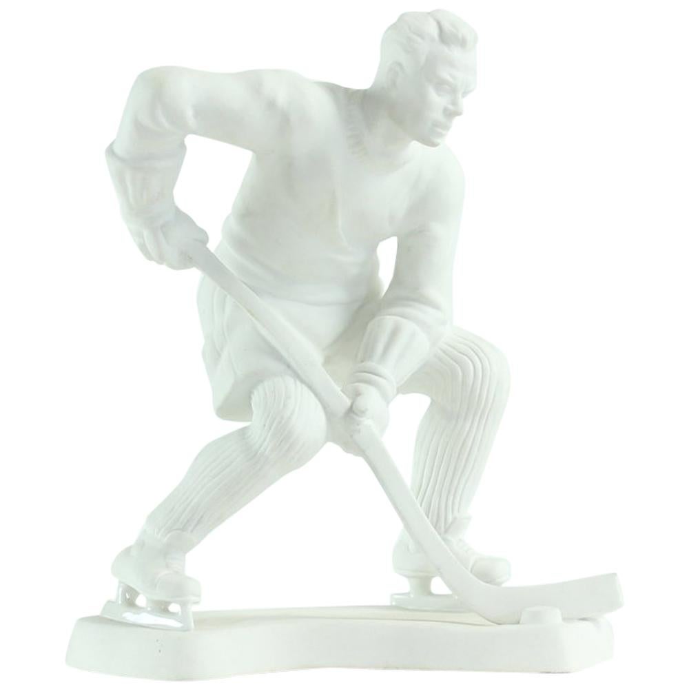 Hockey Player Ceramic Statue in White Porcelain, Royal Dux 1947 Edition For Sale