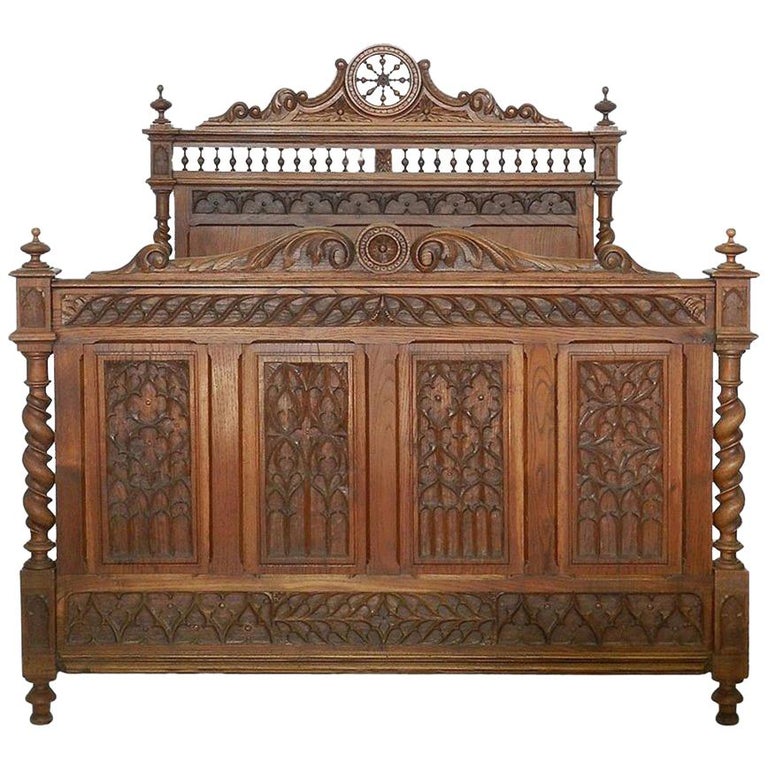 French Bed Antique 19th Century Gothic Carved Oak US Full Double at 1stDibs