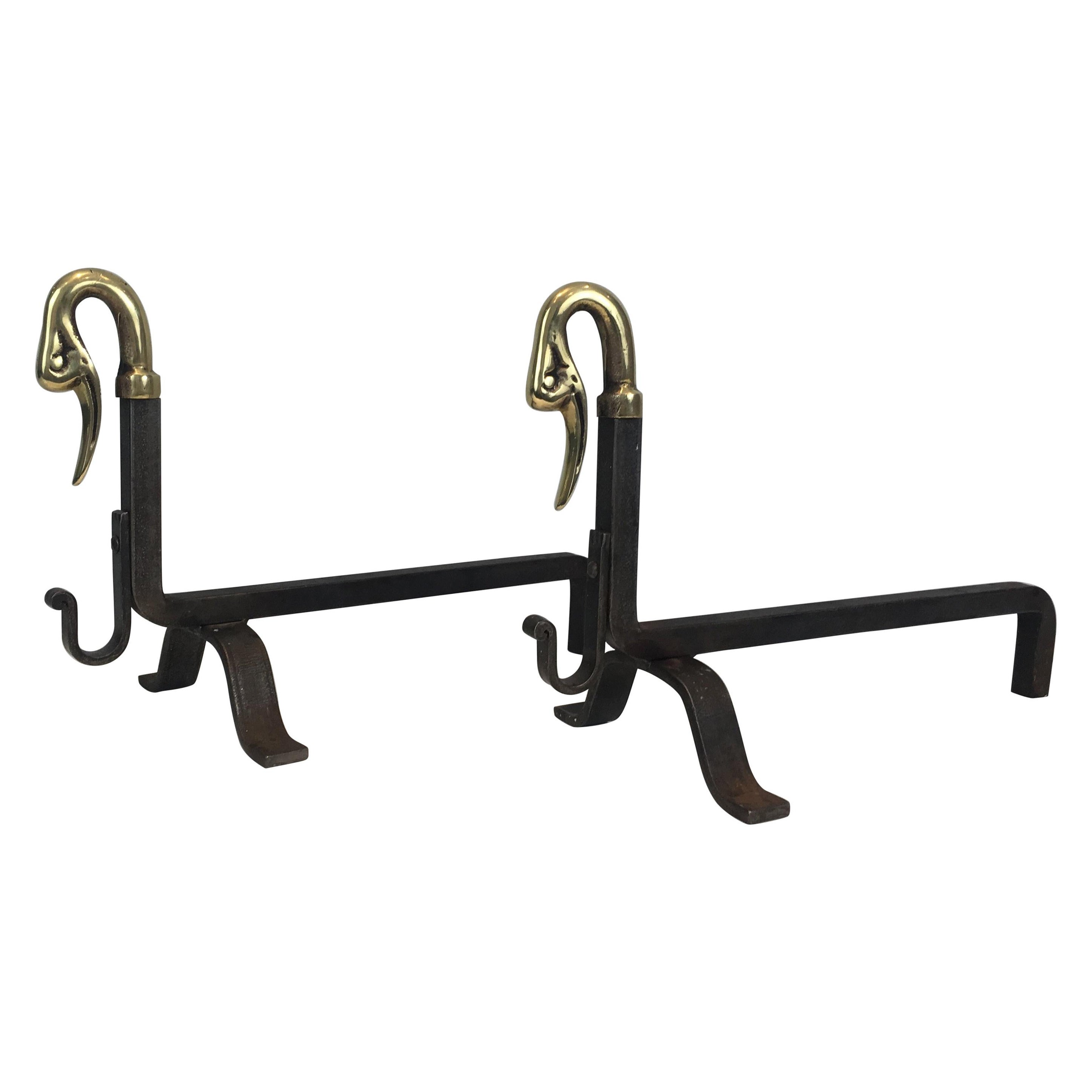 Pair of Iron and Bronze Andirons with Duck Heads, French, circa 1940 For Sale