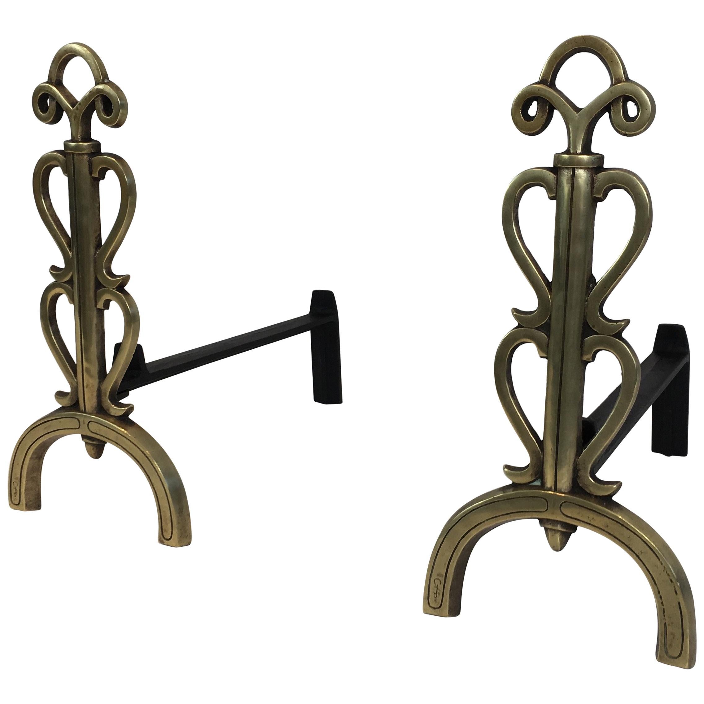 Bronze and Iron Andirons, Signed, French, circa 1930 For Sale