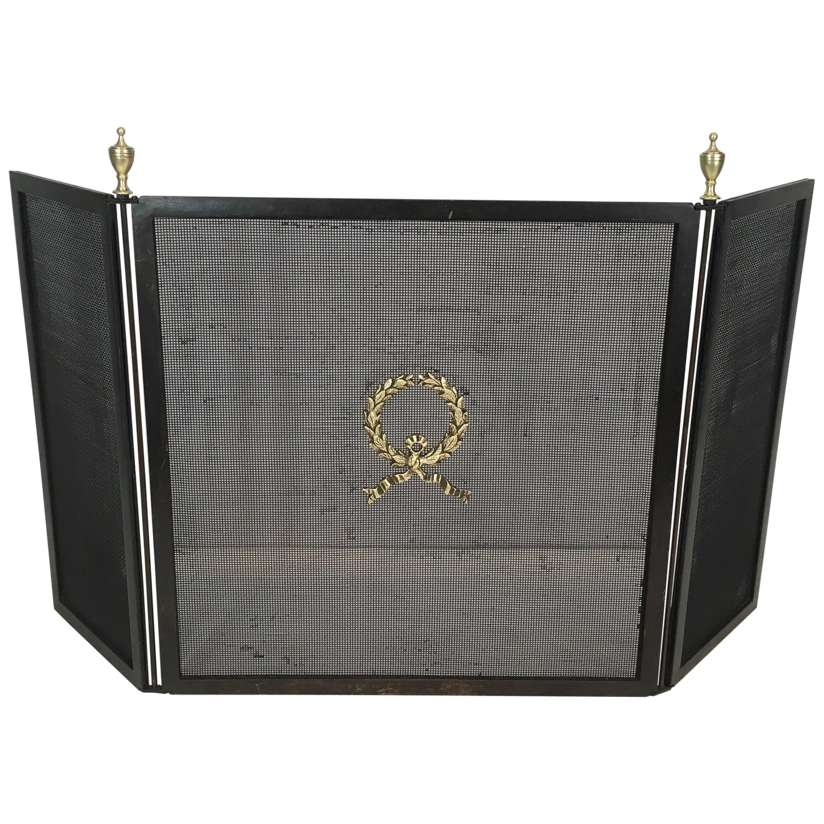  Neoclassical Steel, Bronze, Brass and Grilling Fire Place Screen, French