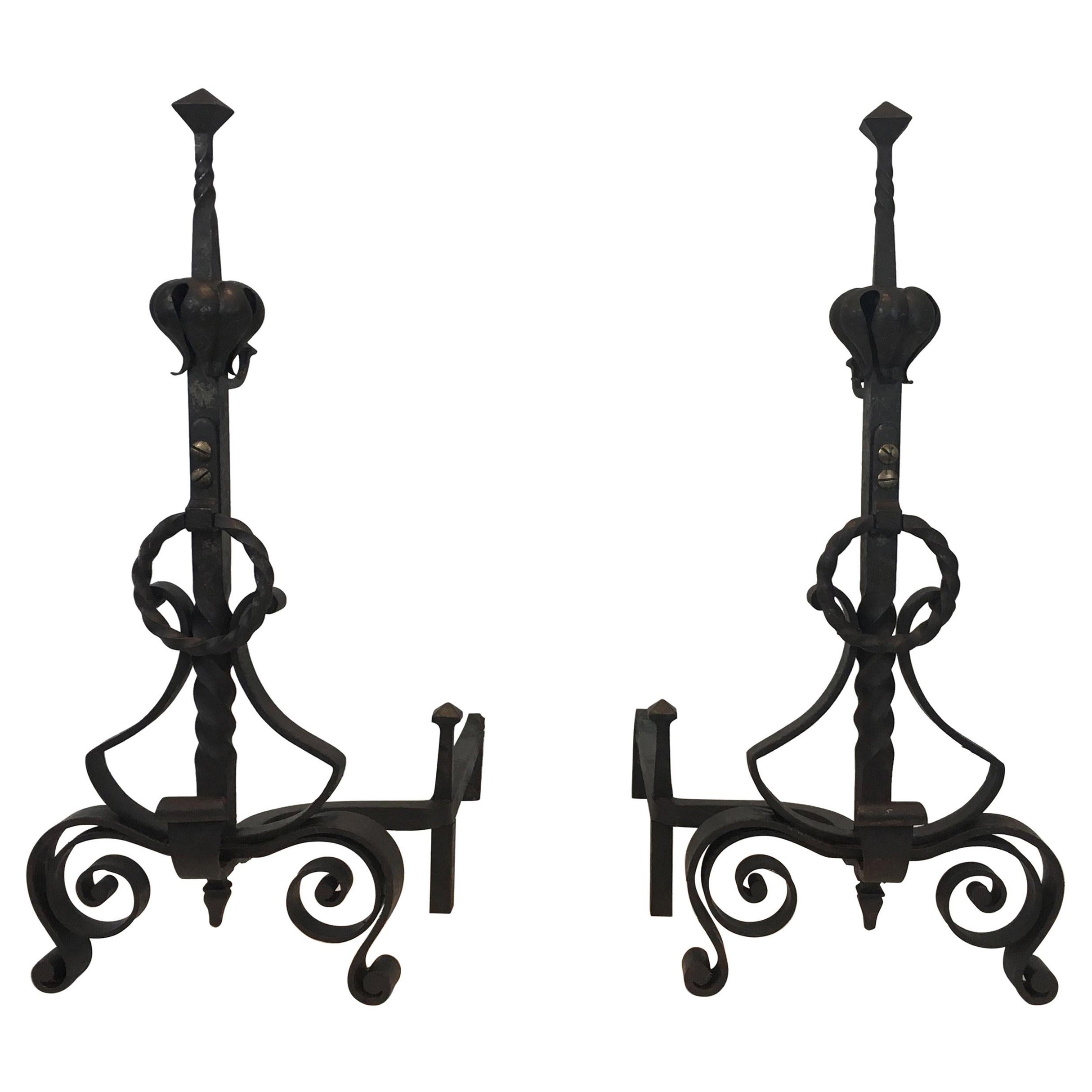 Wrought Iron Cresset Andirons, English, circa 1800 For Sale at 1stDibs