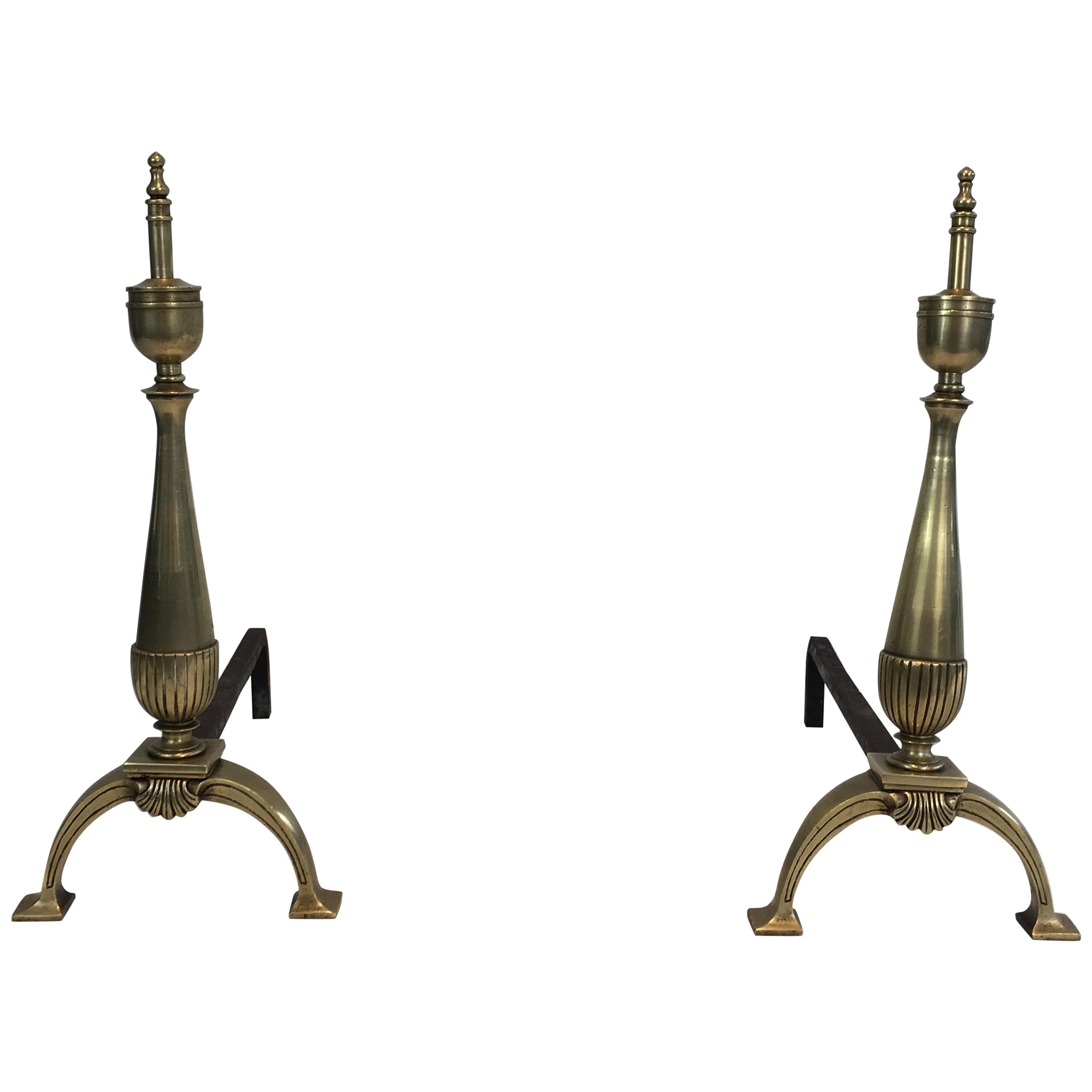 Pair of Neoclassical Brass and Wrought Iron Andirons, French, circa 1940