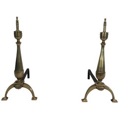 Vintage Pair of Neoclassical Brass and Wrought Iron Andirons, French, circa 1940