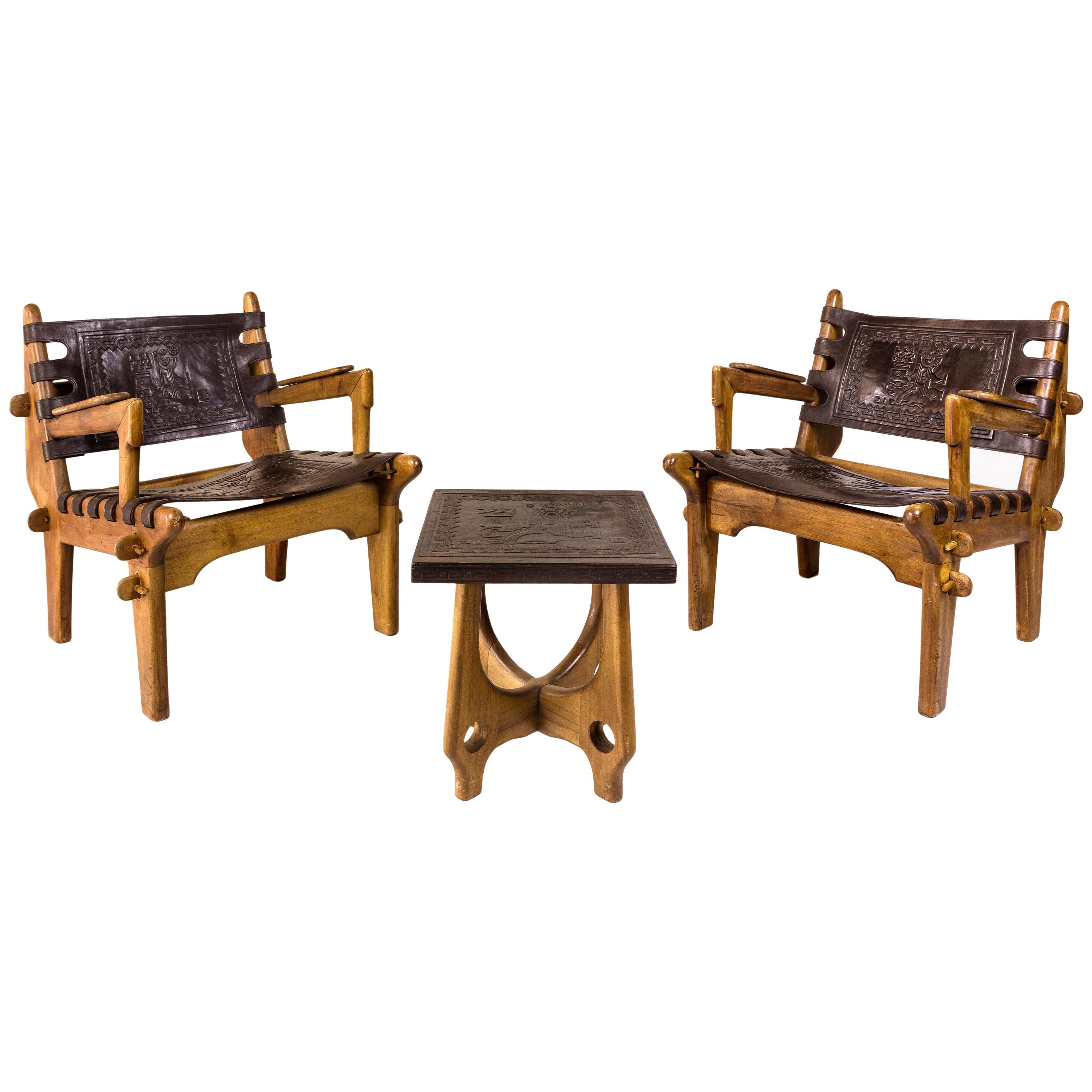 Angel Pazmino, Pair of Armchairs with Side Table, Wood and Leather, circa 1970