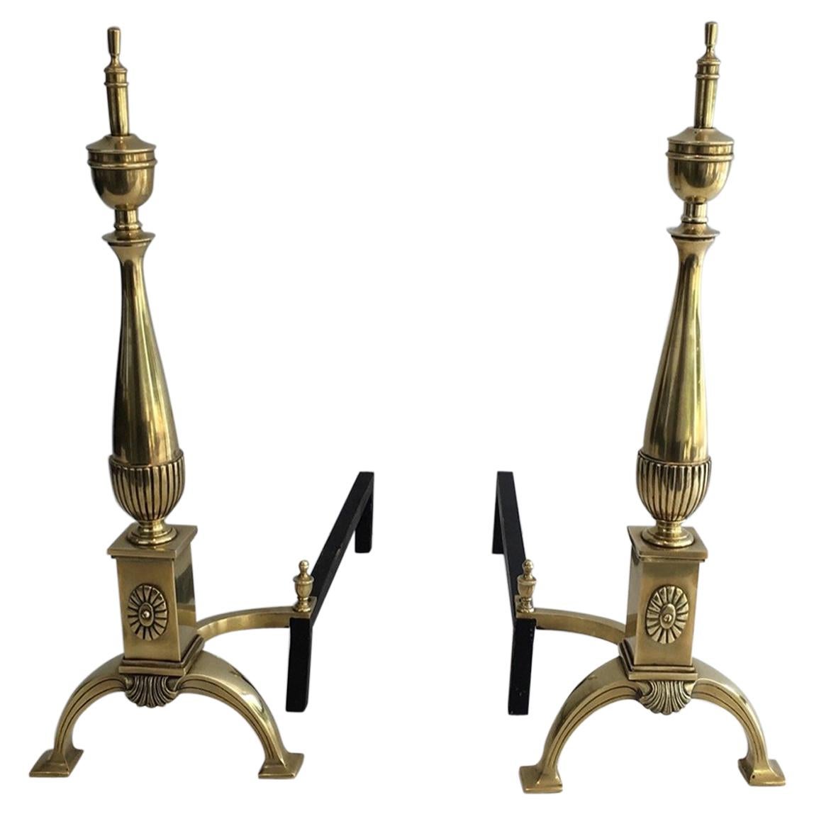 Pair of Neoclassical Bronze Andirons, French, circa 1940 For Sale