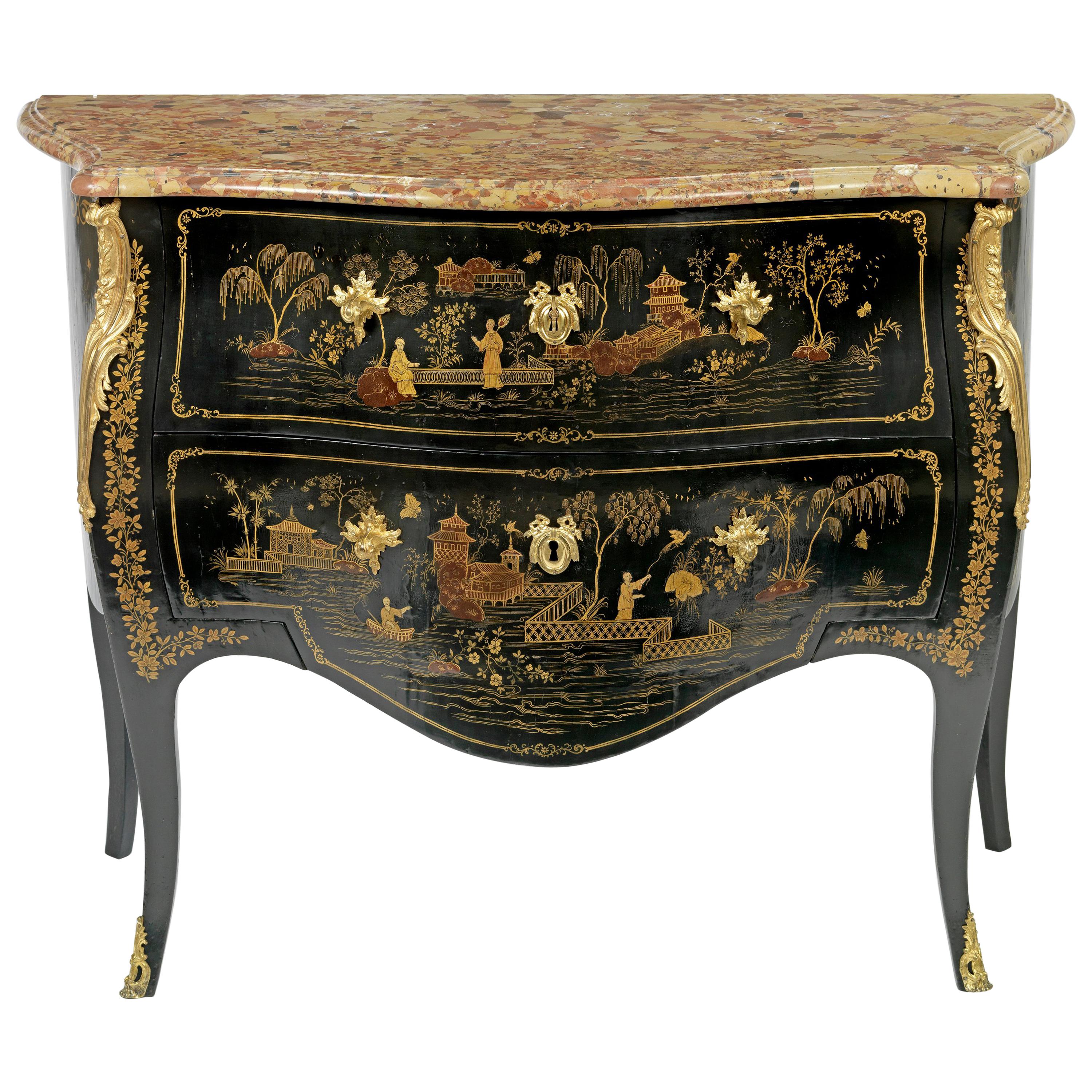 French Louis XV Ormolu-Mounted Black Vernis Martin Commode, Stamped Wolff For Sale