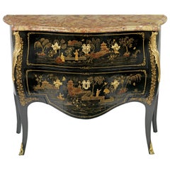 Antique French Louis XV Ormolu-Mounted Black Vernis Martin Commode, Stamped Wolff