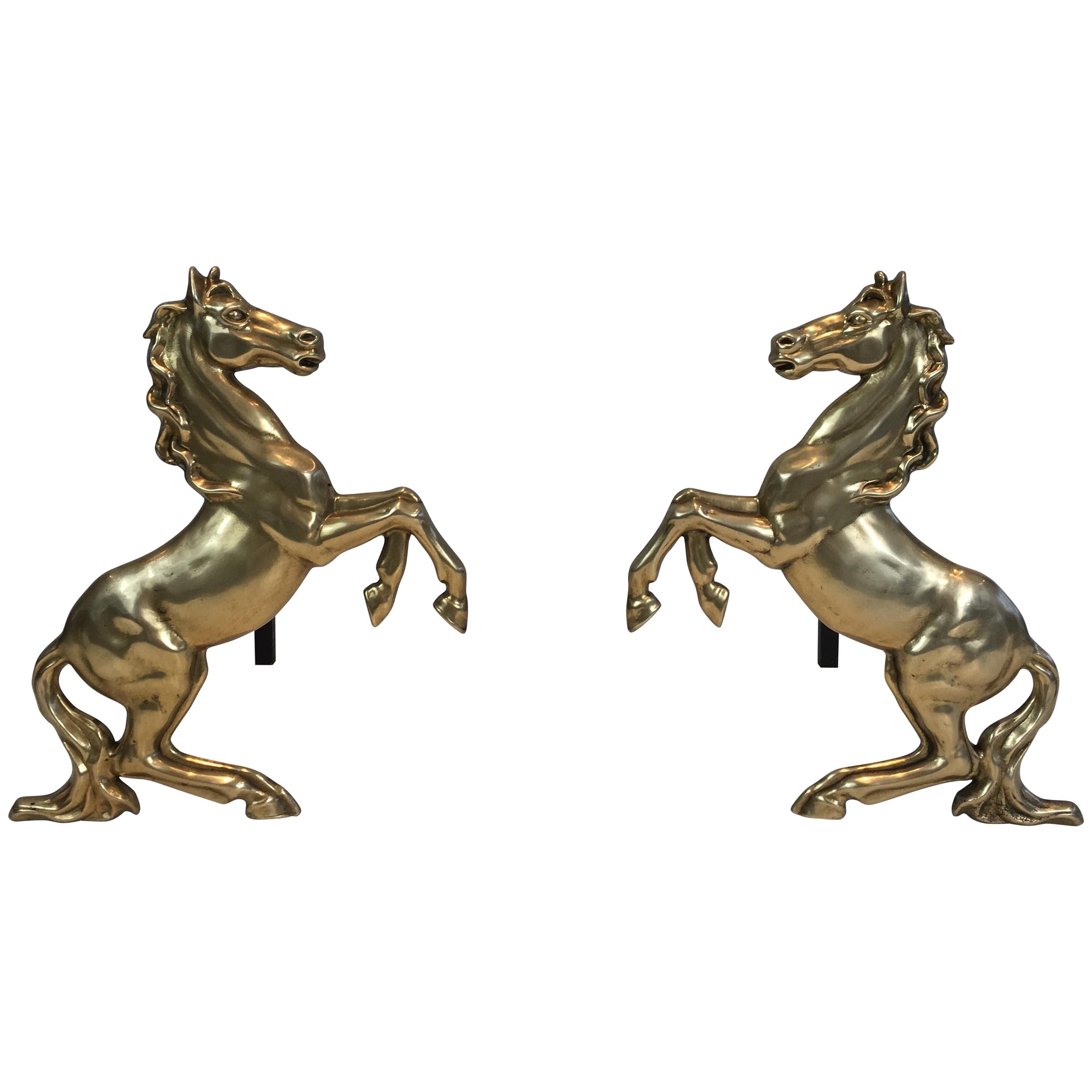 Pair of Brass Prancing Horses Andirons, French, circa 1970