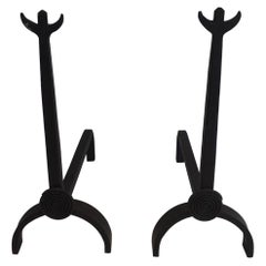 Pair of Unusual Wrought Iron Andirons, French, circa 1970