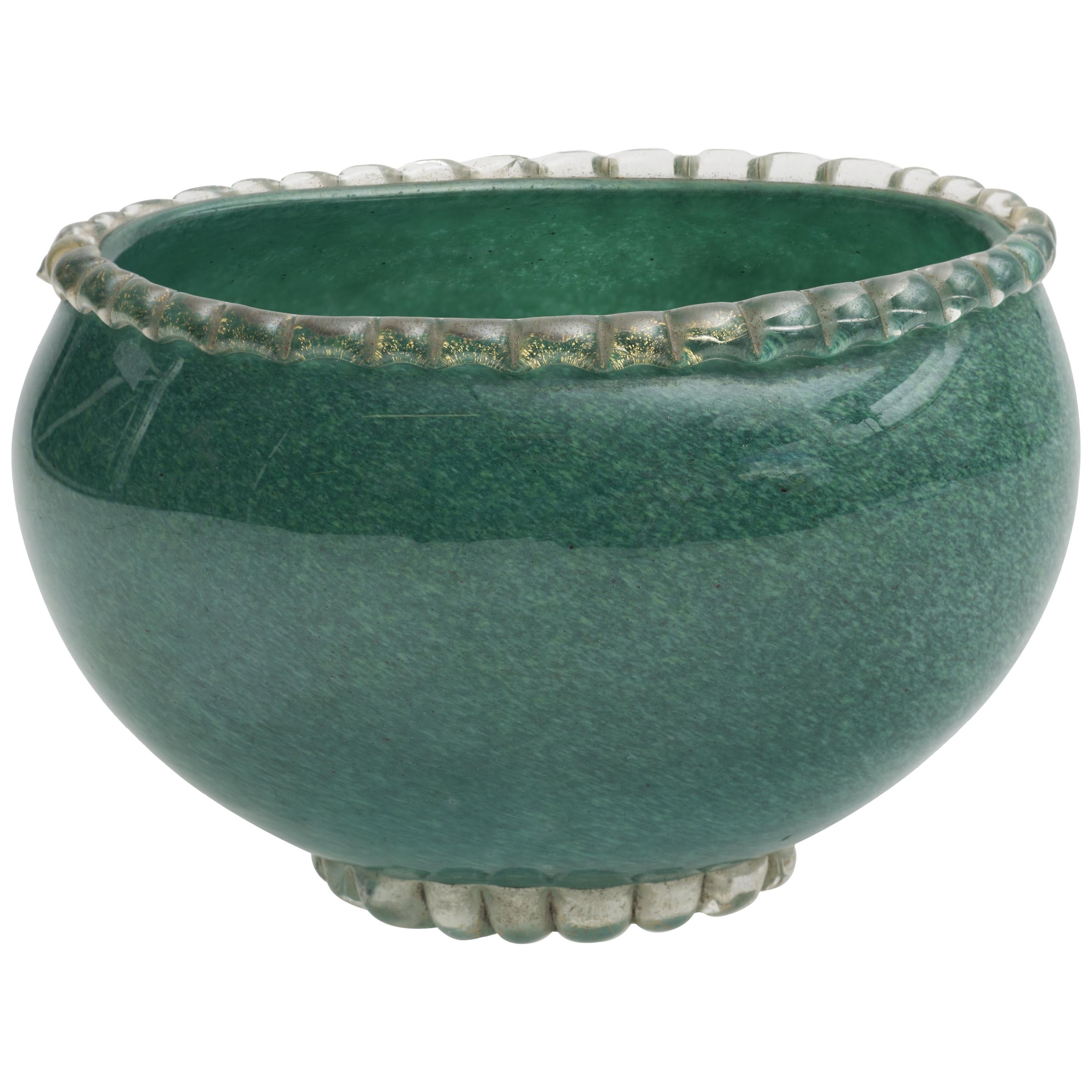 Murano Green Pulegoso Glass Bowl, Mid-20th Century