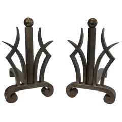 Vintage Pair of Art Deco Hammered Wrought Iron and Brass Andirons, French, circa 1930