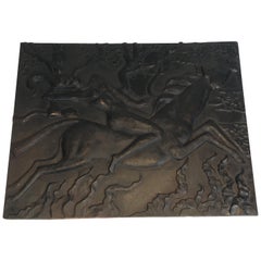 Modernist Cast Iron Fireback Representing a Woman Riding a Horse, Signed