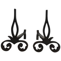 Pair of Modernist Cast Iron and Wrought Iron Andirons, French, circa 1940