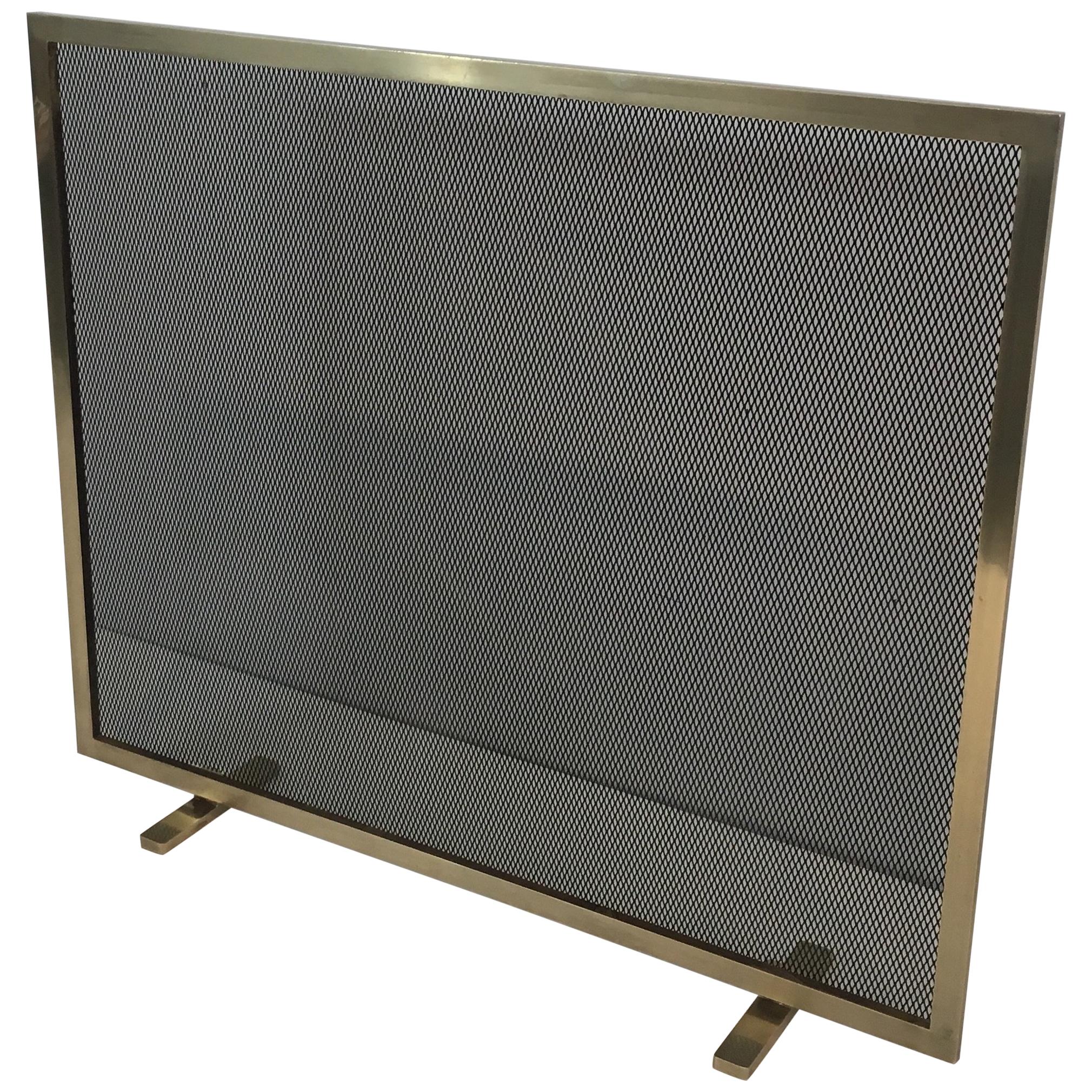 Custom Modern Fire Screen in Polished Brass with Curved Corner Detail For Sale at 1stdibs