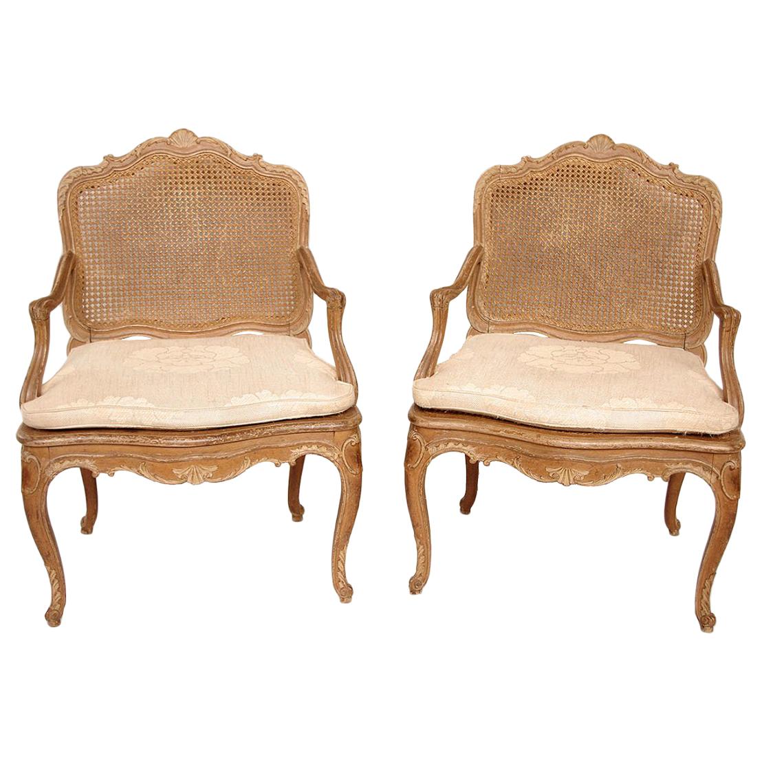 Pair of Canned Louis XV Style Armchairs in Cream Lacquered Wood, circa 1880