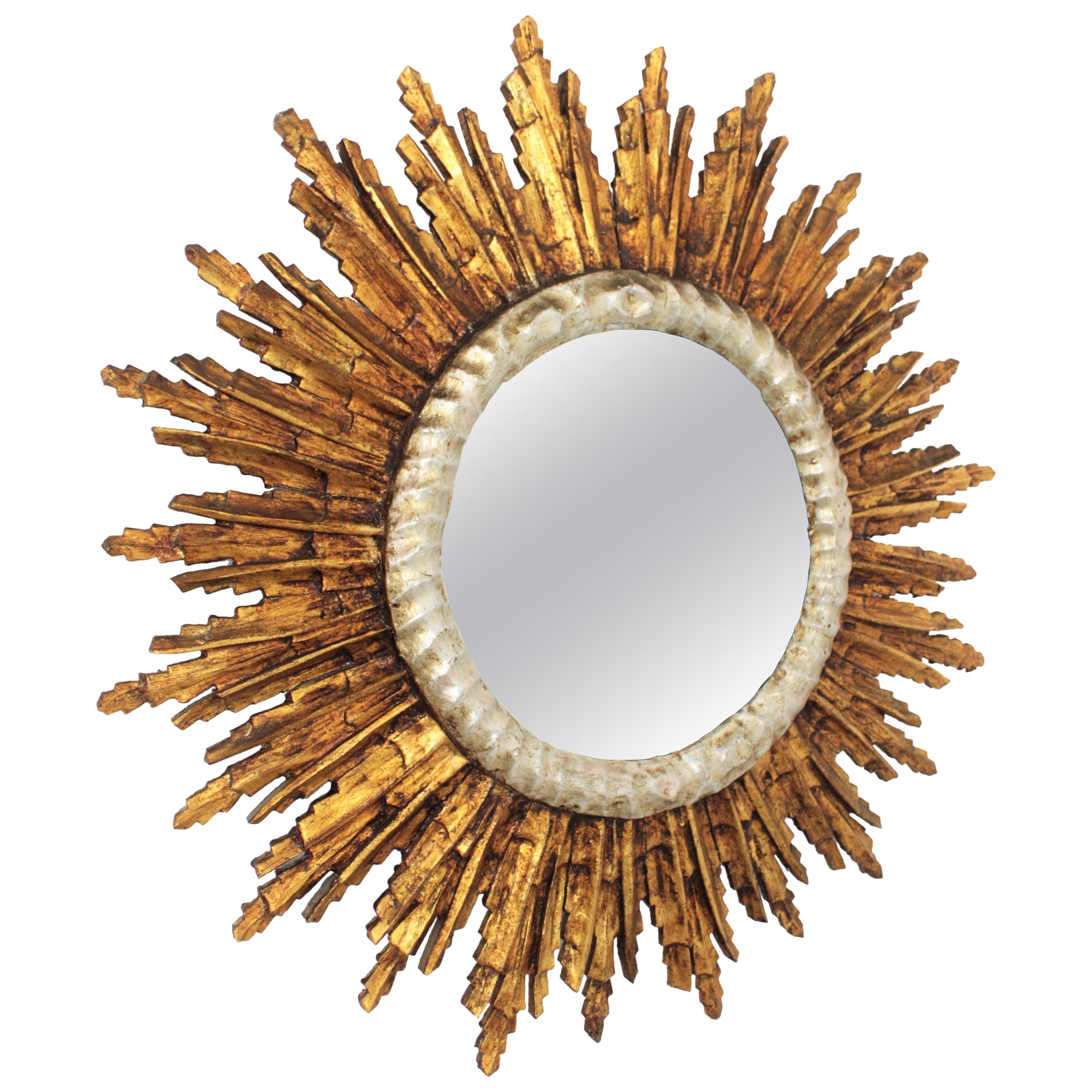 1930s Giltwood and Silver Sunburst Mirorr, Baroque Style, France