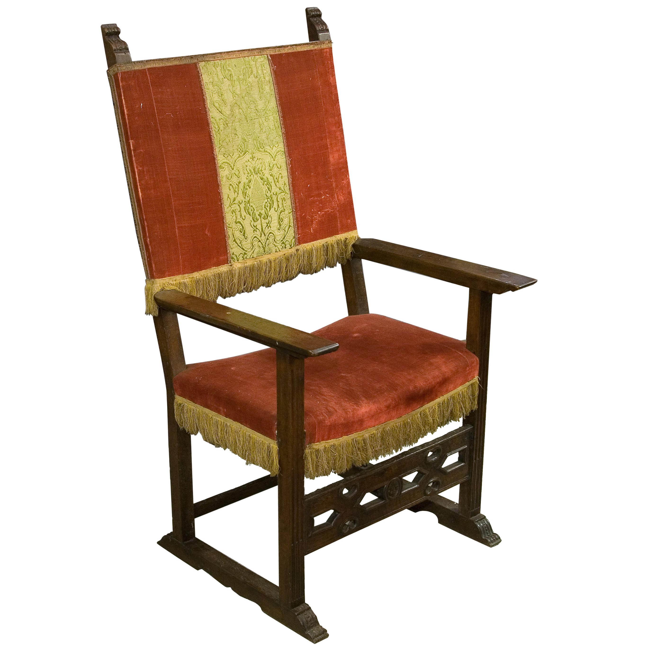 Frailero Armchair, Walnut Wood, Textile, Spain, 17th Century For Sale