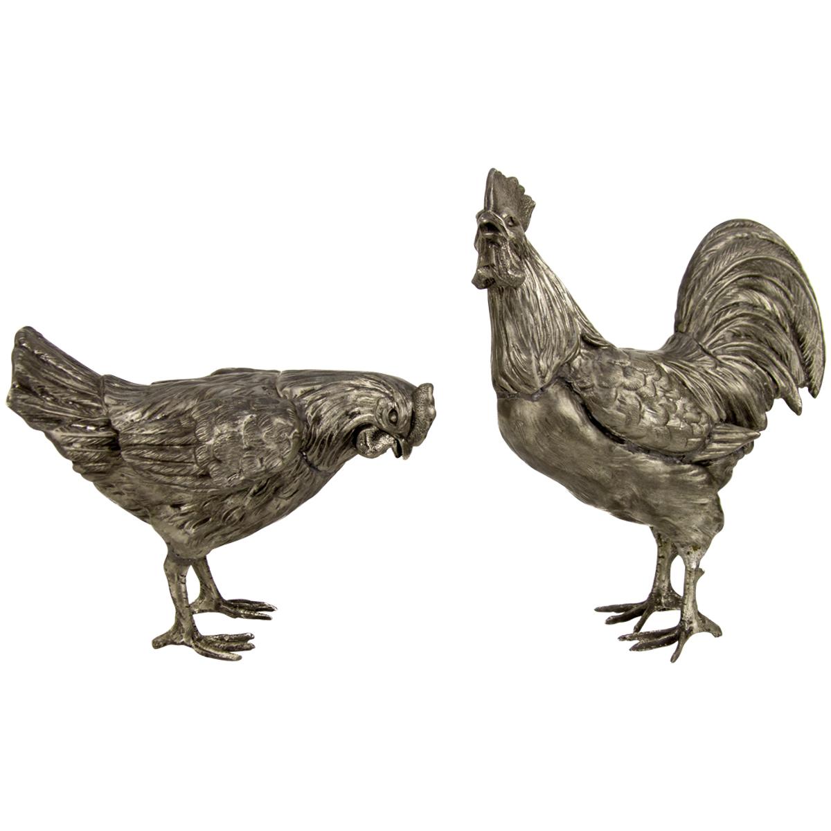 Large French Pewter Rooster and Chicken Sculptures