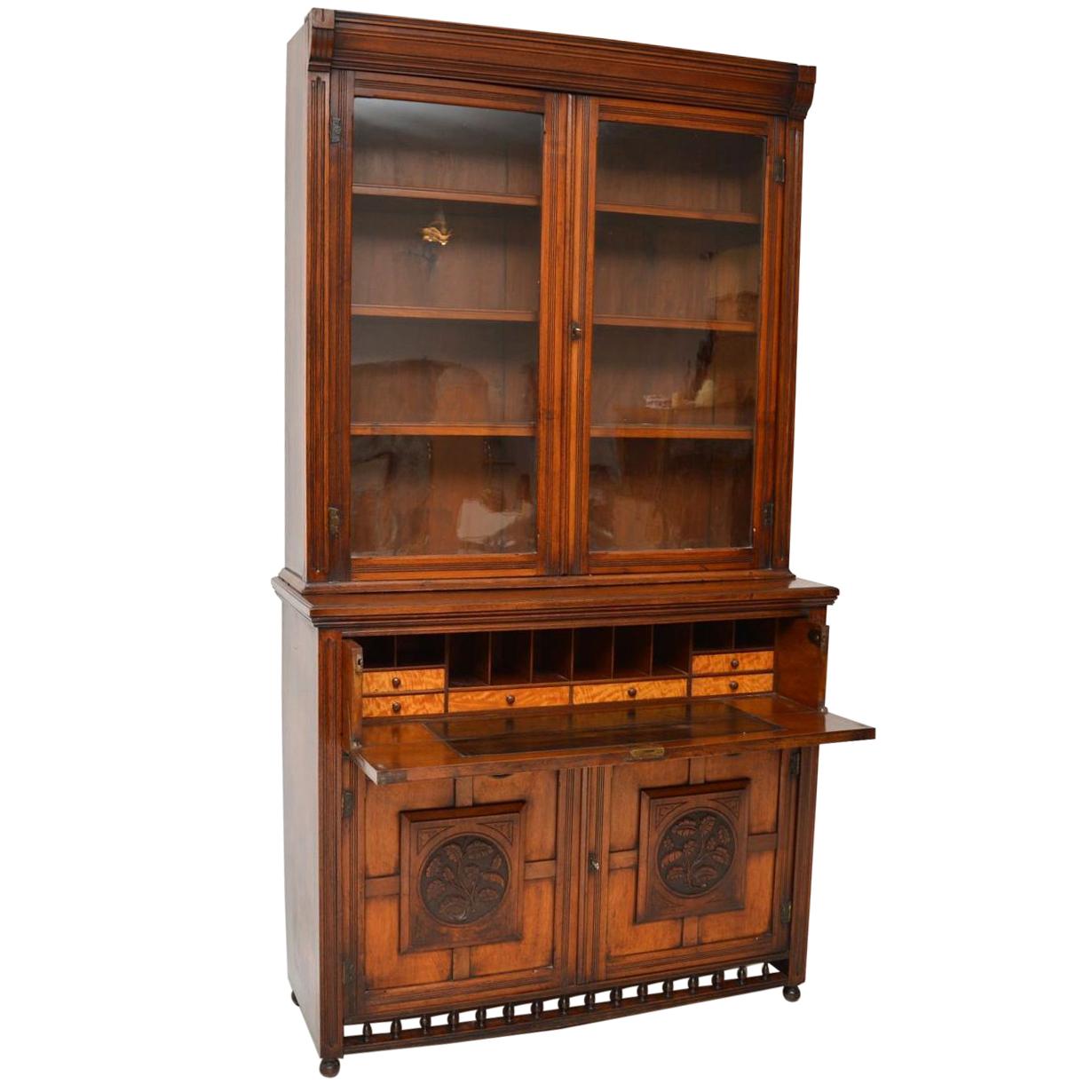 Antique Arts & Crafts Walnut Secretaire Bookcase