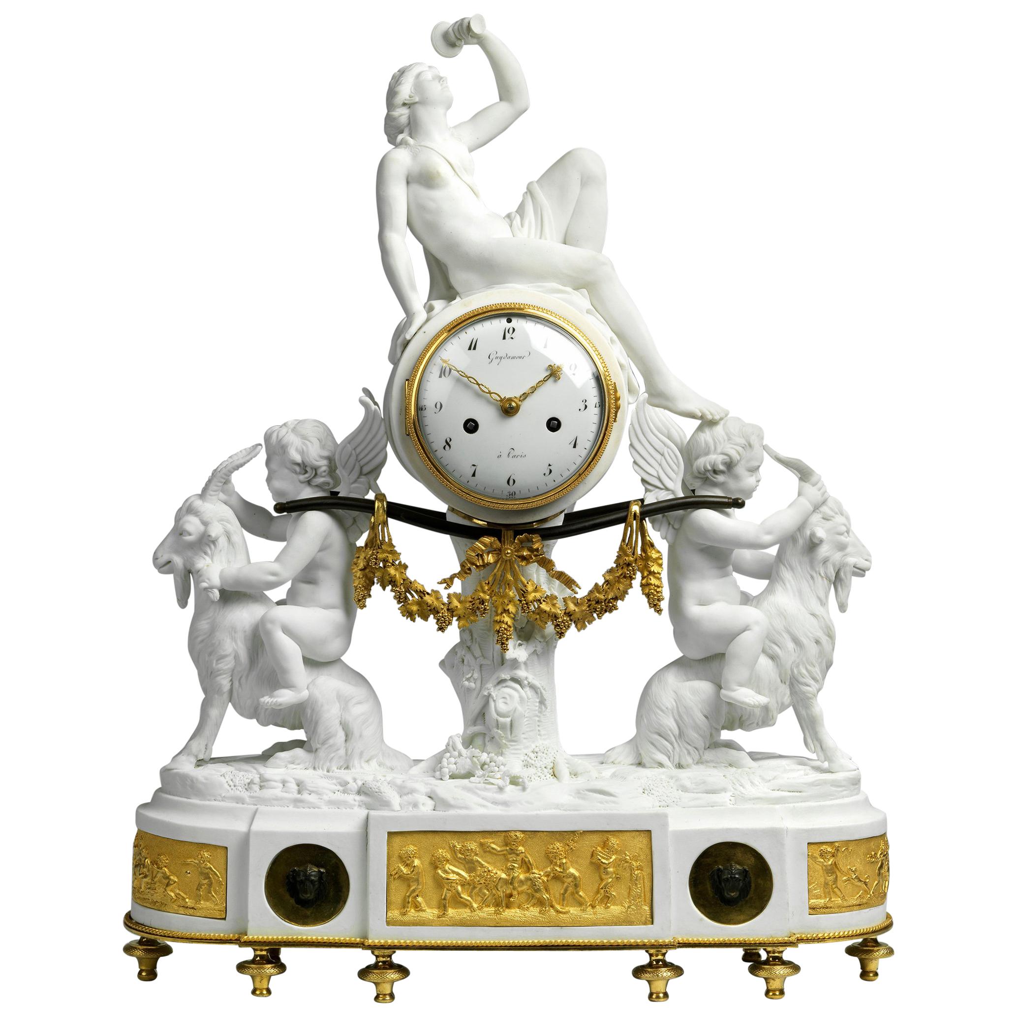 Louis XVI Ormolu and Biscuit Porcelain Mantel Clock by Guydamour For Sale