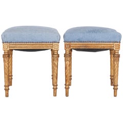 Pair of Neoclassical Style Upholstered Giltwood Stools