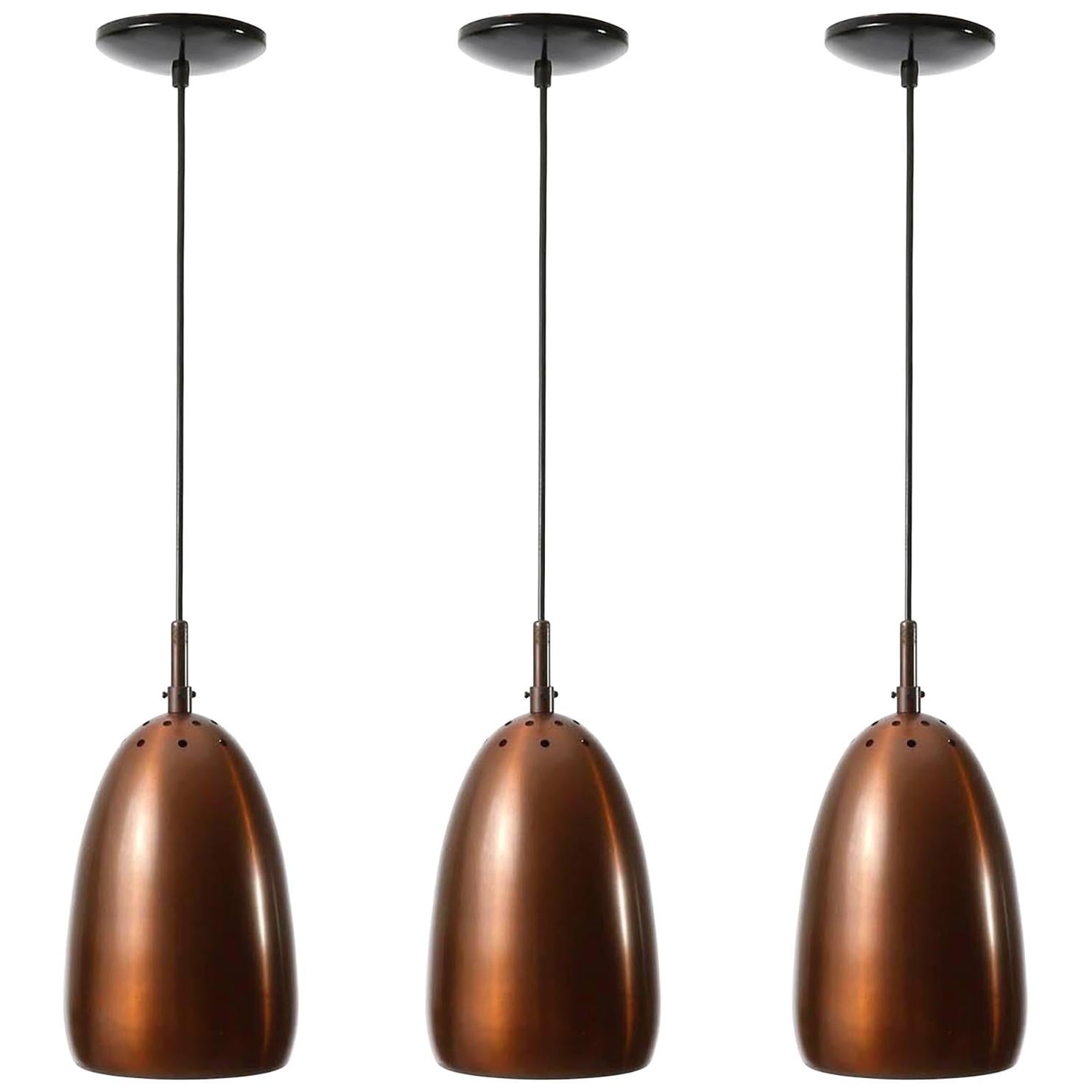 Set of Three Mid-Century Modern Patinated Copper Pendant Lights, 1960