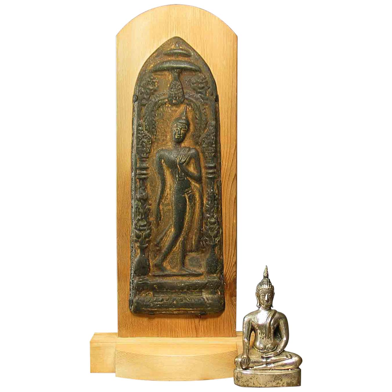 Votive Plaque with Walking Buddha in Sukhothai Style and Silvered Seated Buddha
