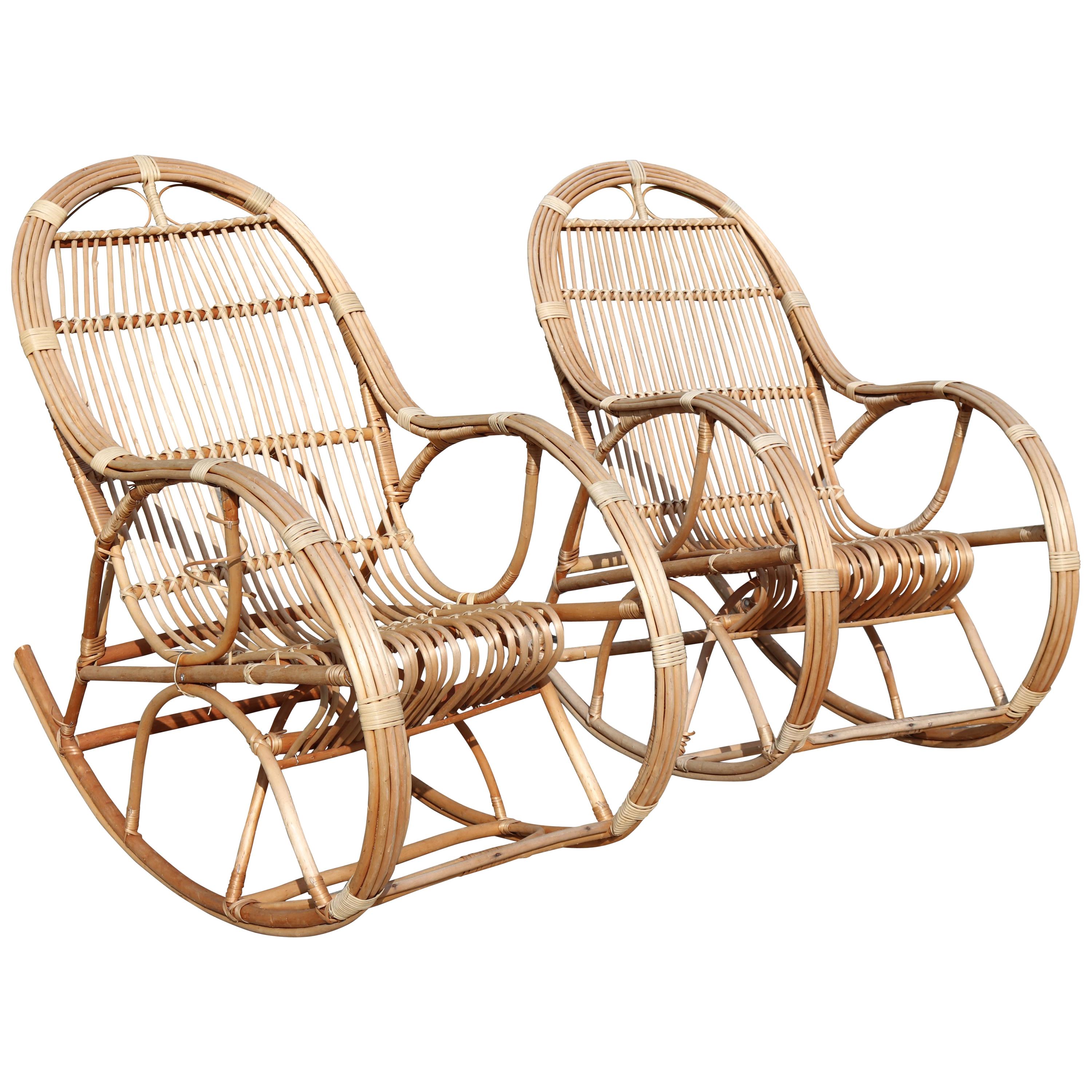 1970s Pair of Spanish Bamboo and Willow Wicker Rocking Chairs