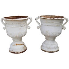 19th Century Pair of Cast Iron French White Garden Urns with Dragon Handles