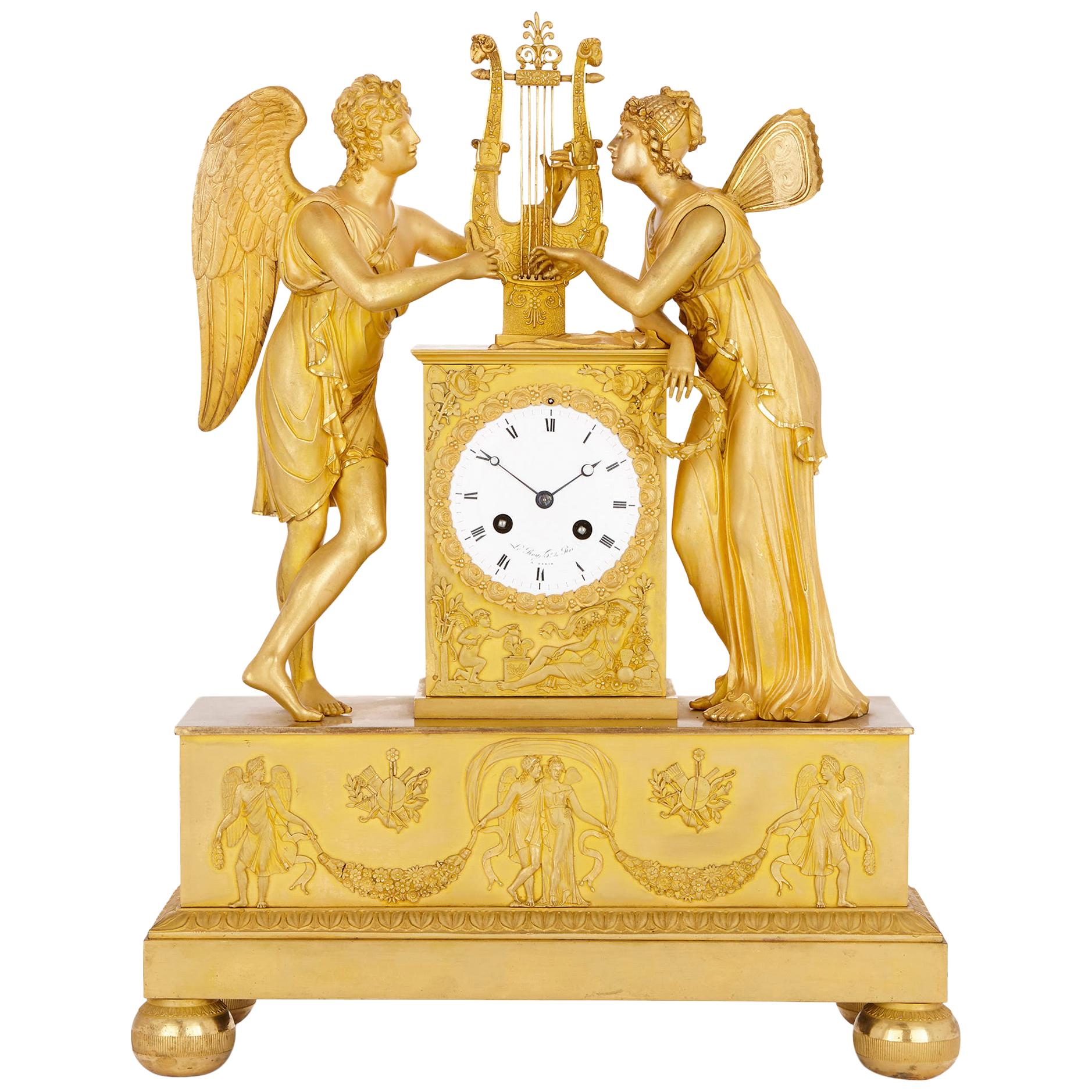 Horloge en bronze doré de la période Empire avec Cupidon et Psyché par Le Roy et fils 