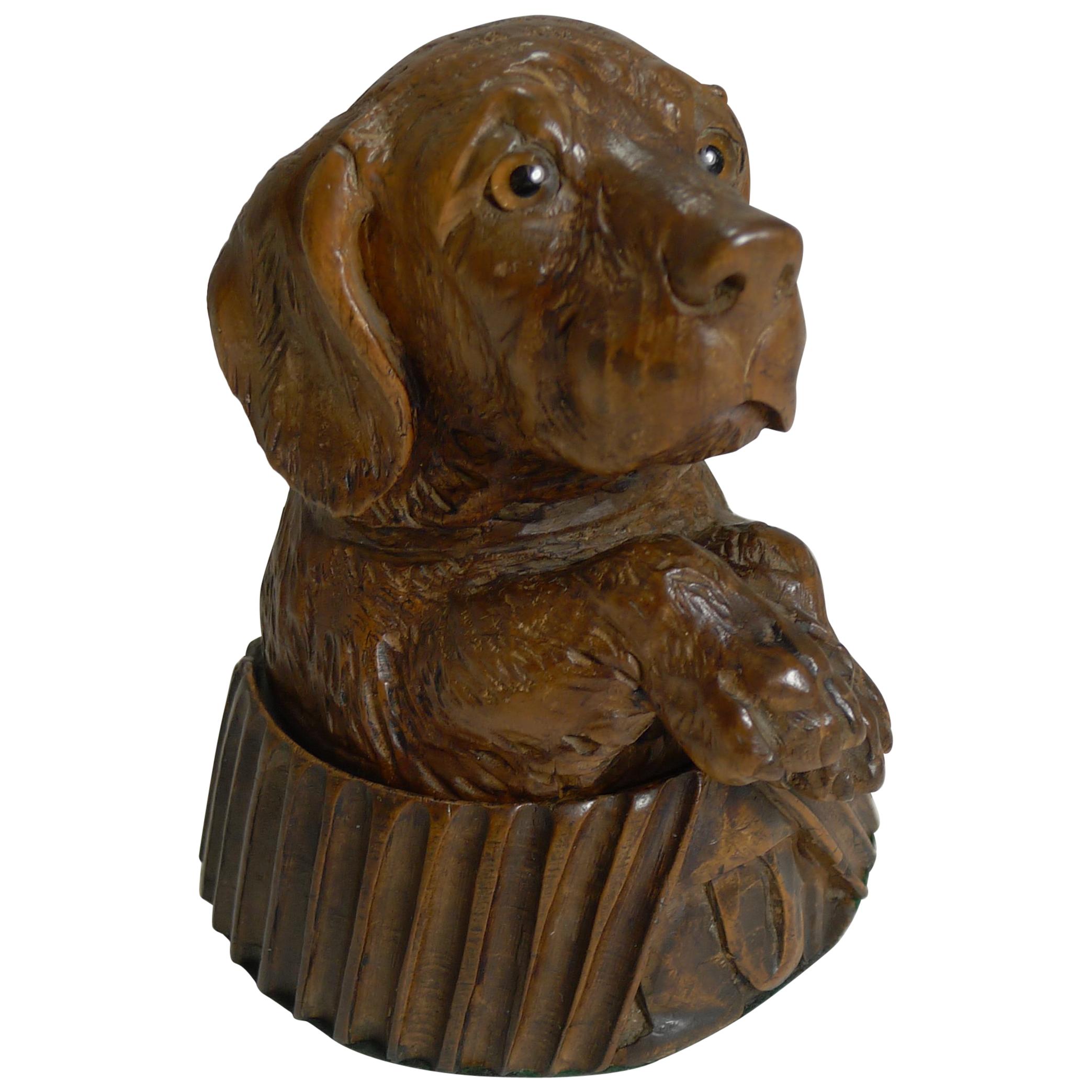 Antique Carved Black Forest Novelty Inkwell, Dog, circa 1880