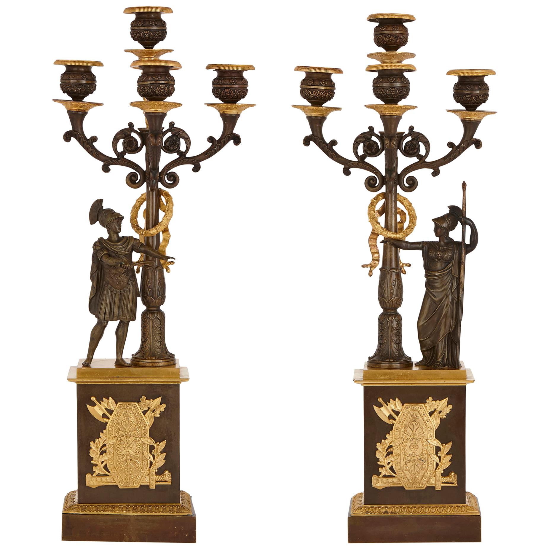 Two Empire Style Gilt and Patinated Bronze Candelabra For Sale