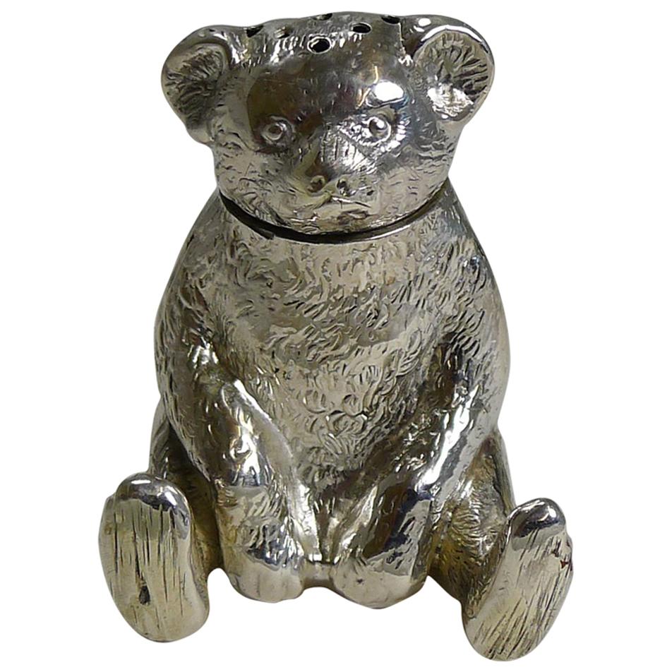 Small English Edwardian Sterling Silver Teddy Bear Pepperette / Pepper Pot
