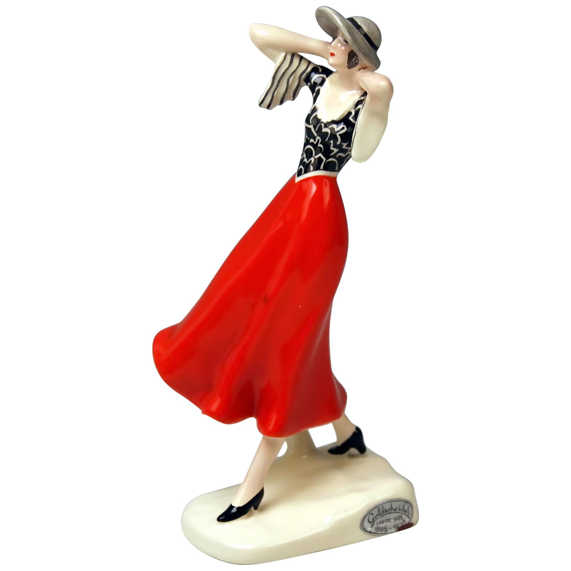 Goldscheider Vienna Dakon Walking Lady with Hat in the Wind Model 6459
