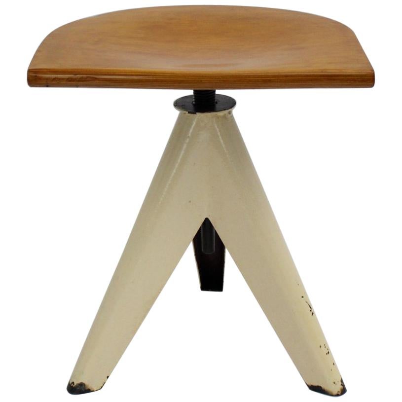 Mid-Century Modern White Vintage Metal Beech Tripod Industry Stool, circa 1950