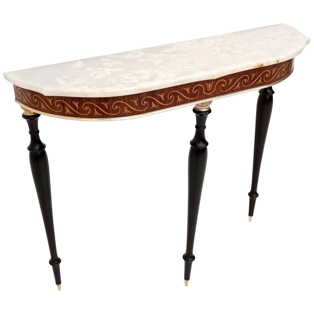 Vintage  Wooden Console Table with Demilune Onyx Top and Inlaid Edges, Italy