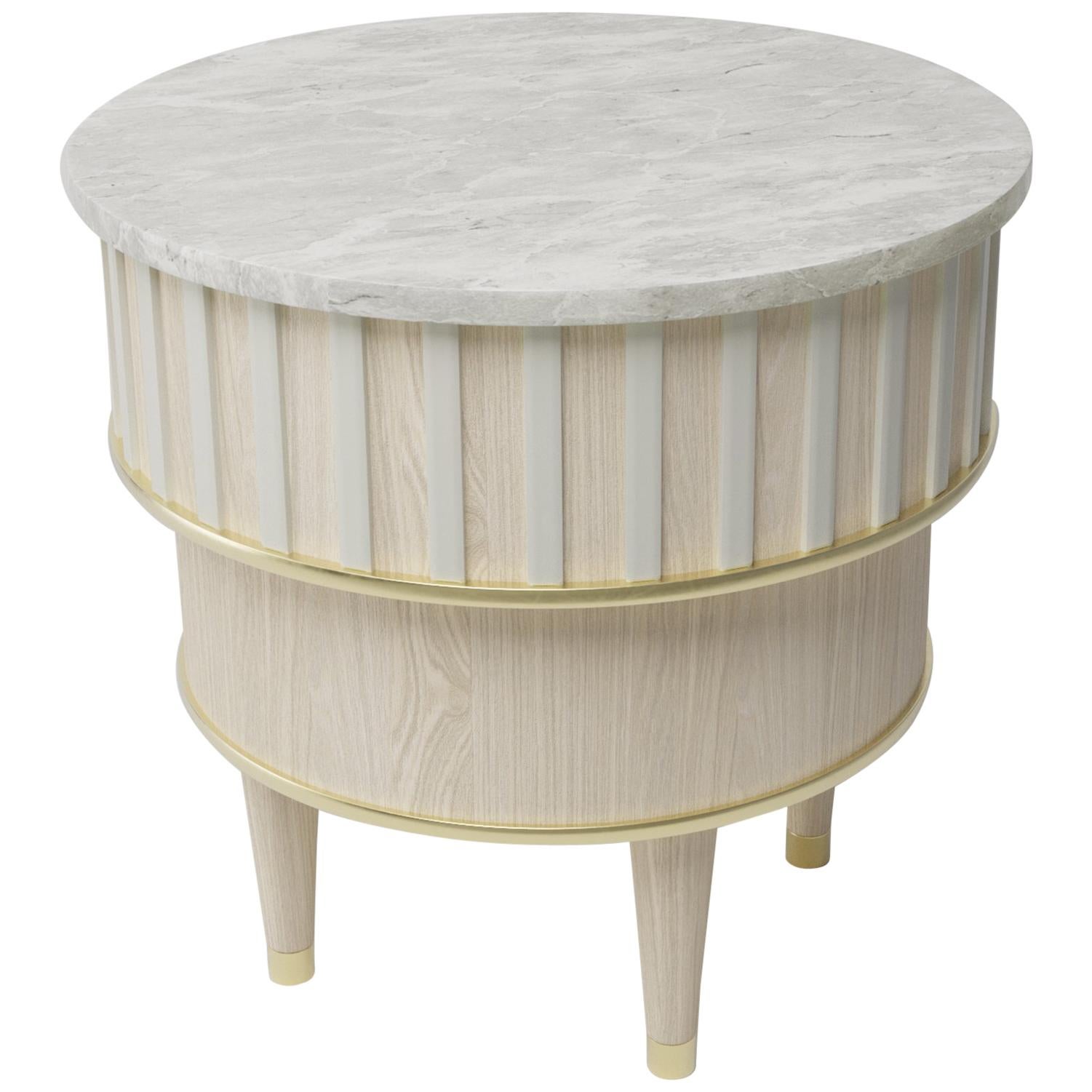 Greta Bleached Oak Brass Corian and White Onyx Side Table by Felice James For Sale