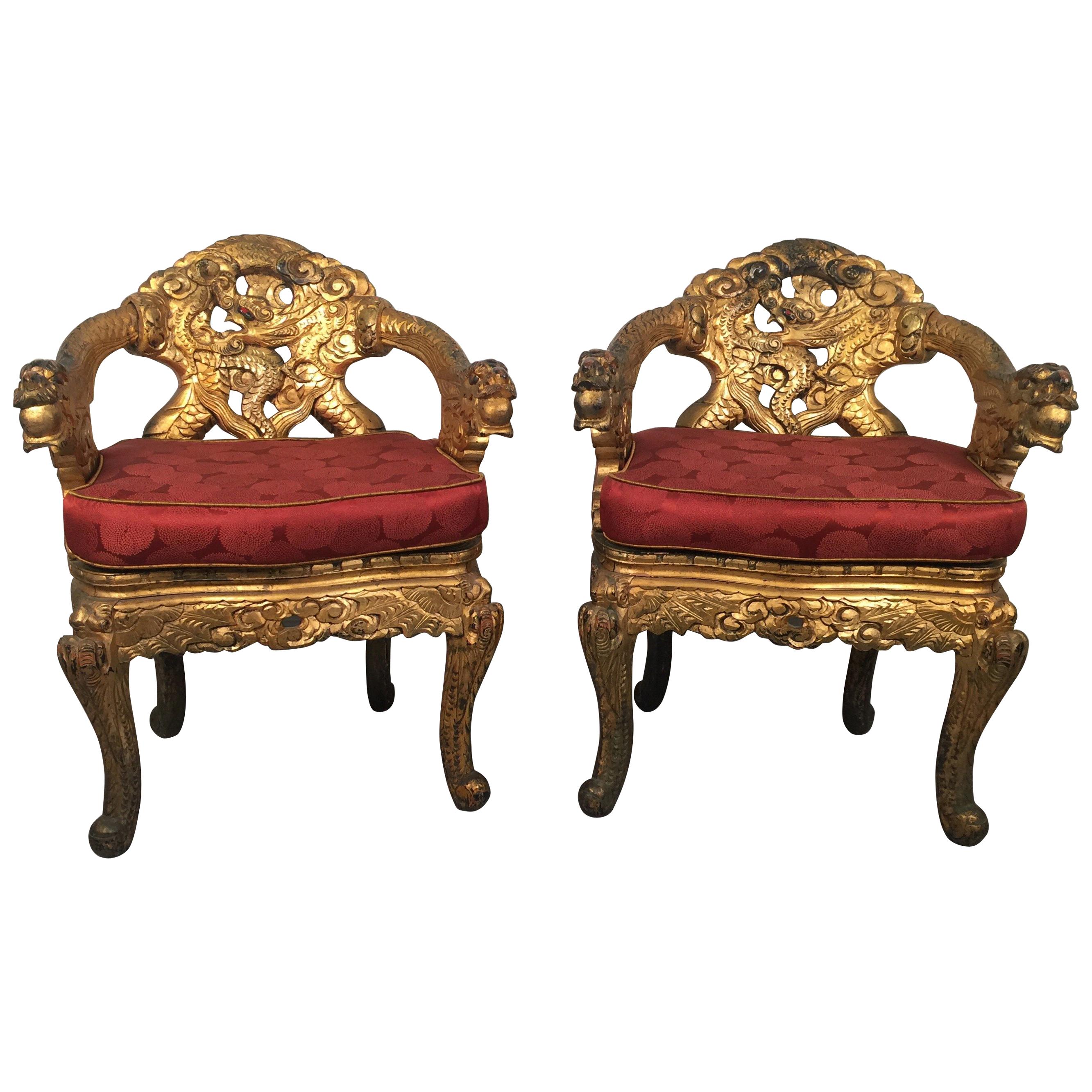 Pair of Hand Carved Gilt Japanese Chairs with Silk Cushions