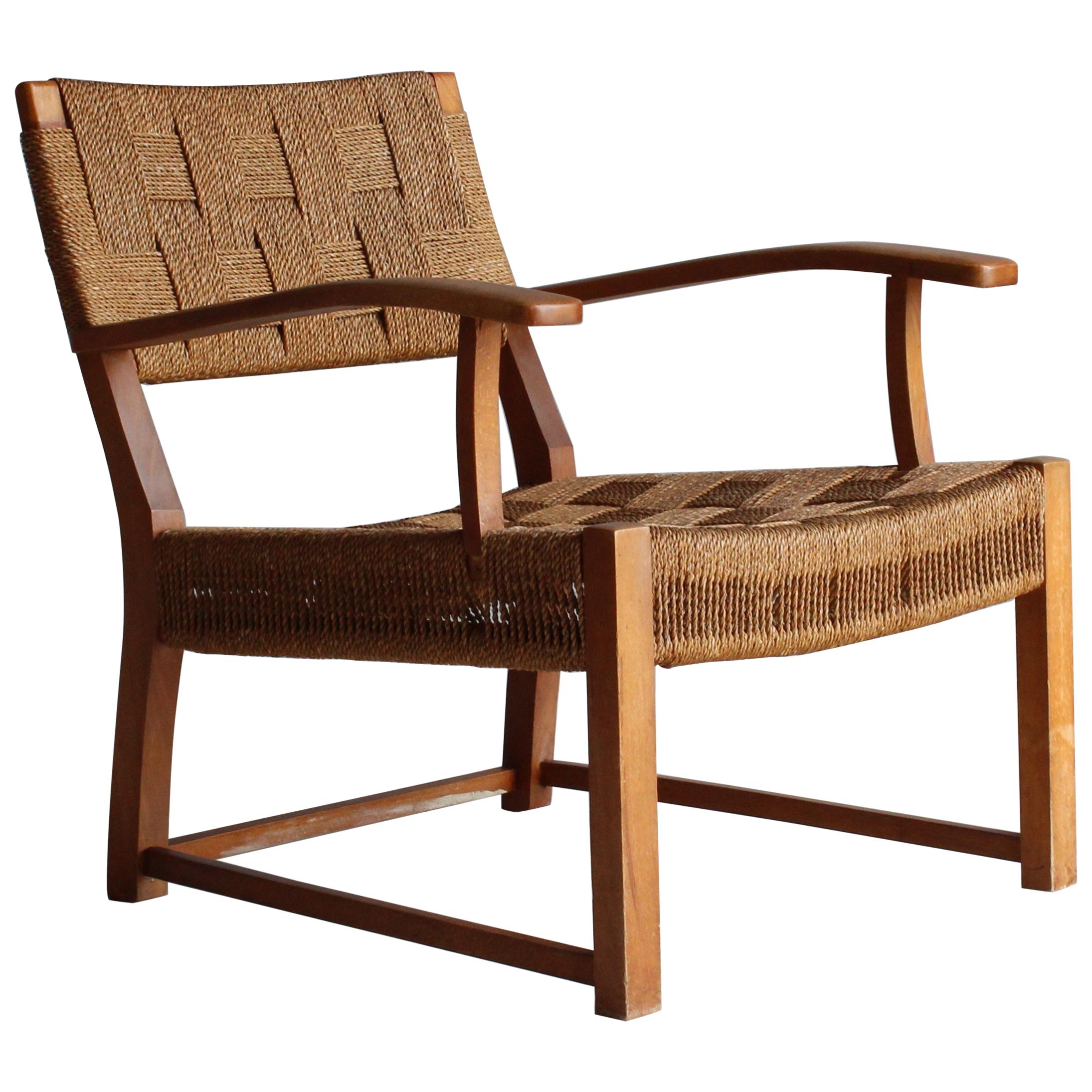 Frits Schlegel 'Attributed', Modernist Lounge Chair, Beech, Cord, Denmark, 1940s