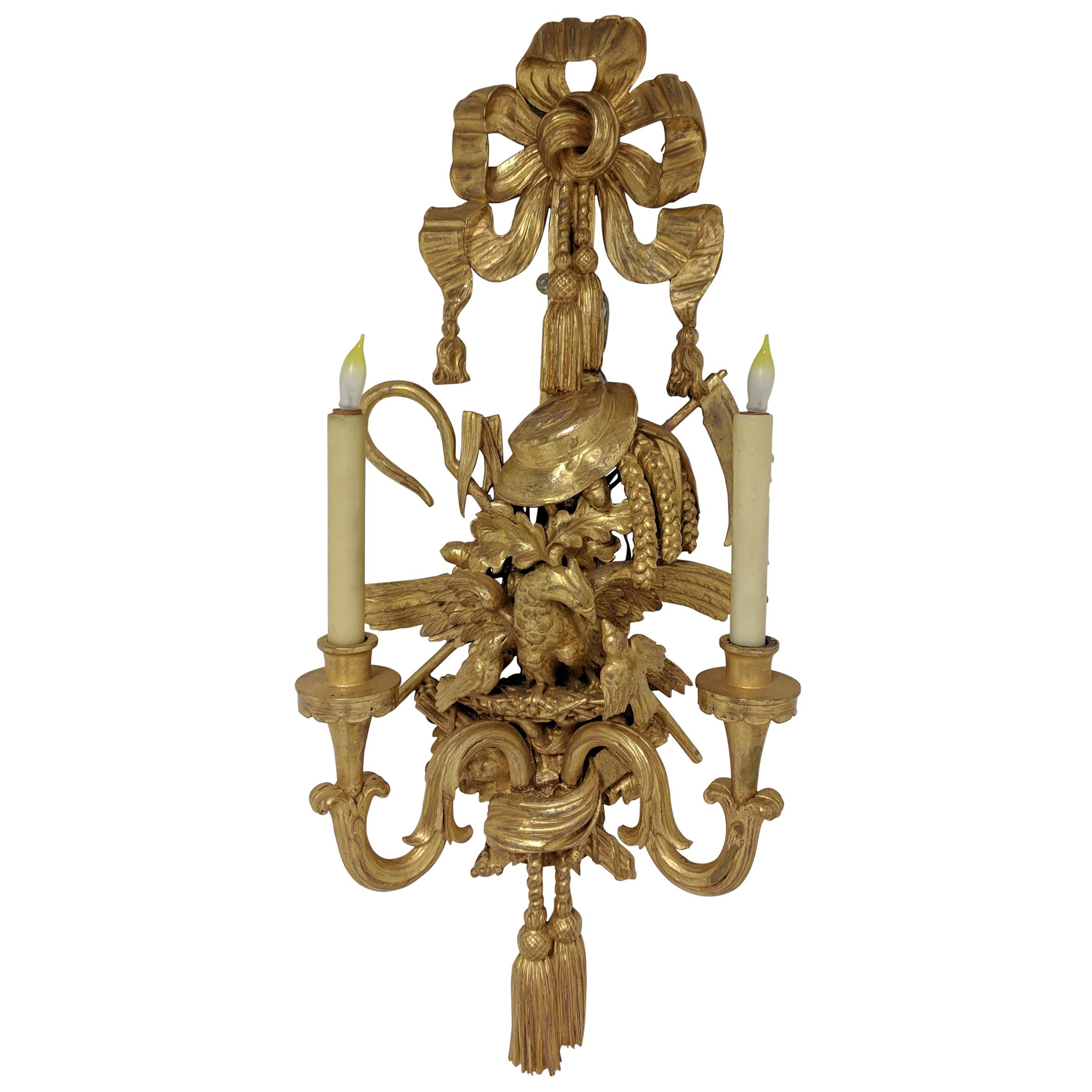 Pair of French Louis XV-Style Giltwood Two-Branch Sconces For Sale