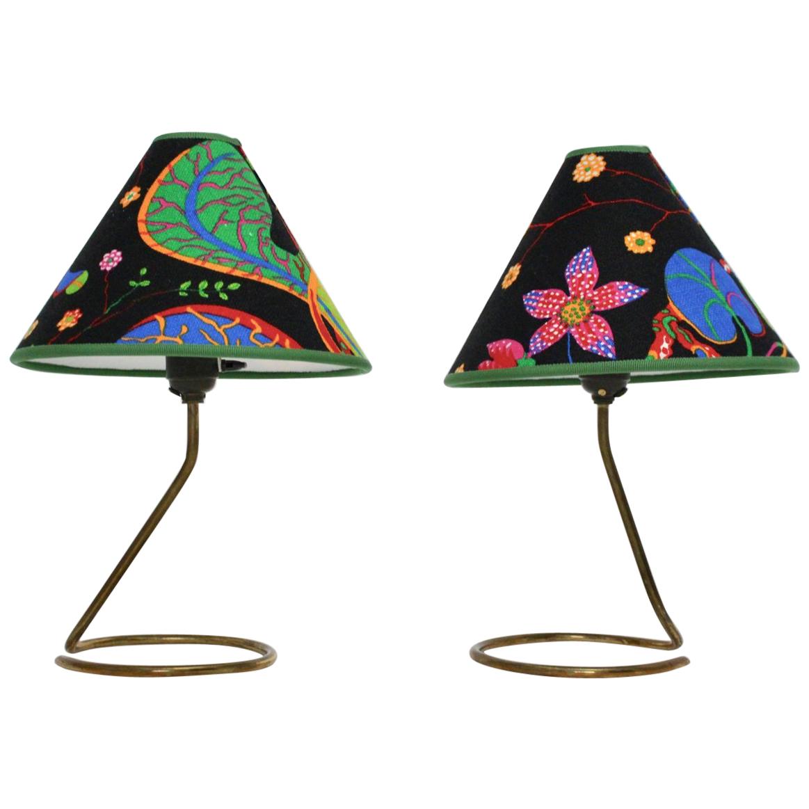 Brass Vintage Mid Century Table Lamps by Kalmar Josef Frank Fabric 1950s Austria