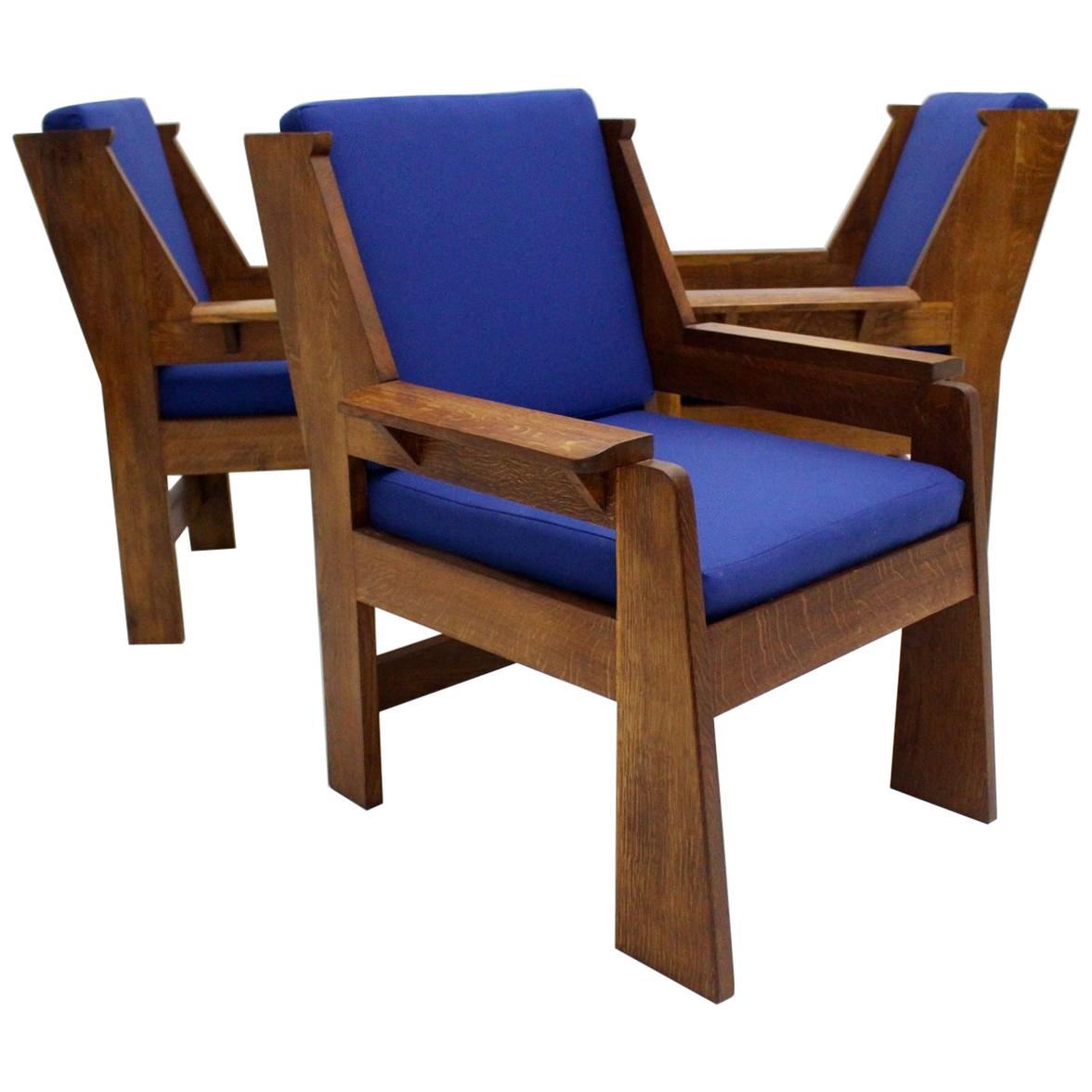 Art Deco Czech Cubism Oak Wood Blue Fabric Vintage Armchairs Lounge Chairs 1920s